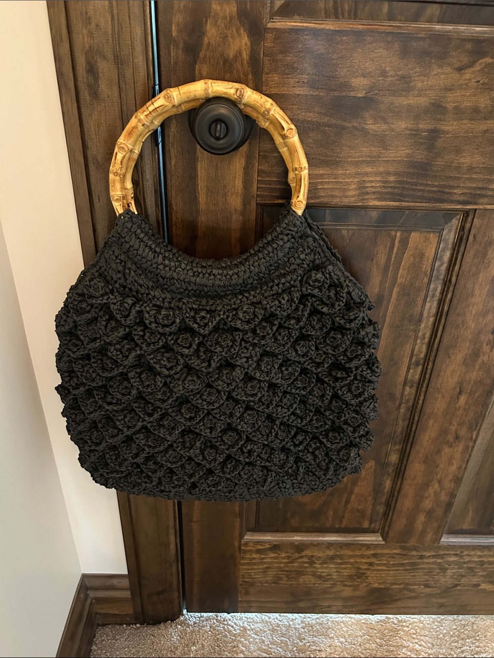 J. Crew Black Crochet Tote with Bamboo Handles 💯 straw
